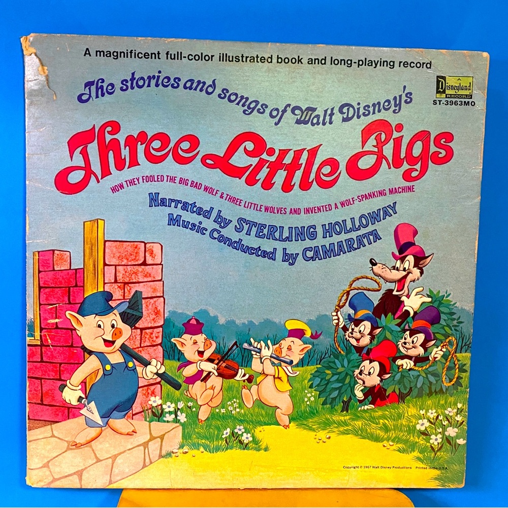 Walt Disney 1967 Three Little Pigs Disneyland Vinyl Record & Book ST-3963MO 12”
